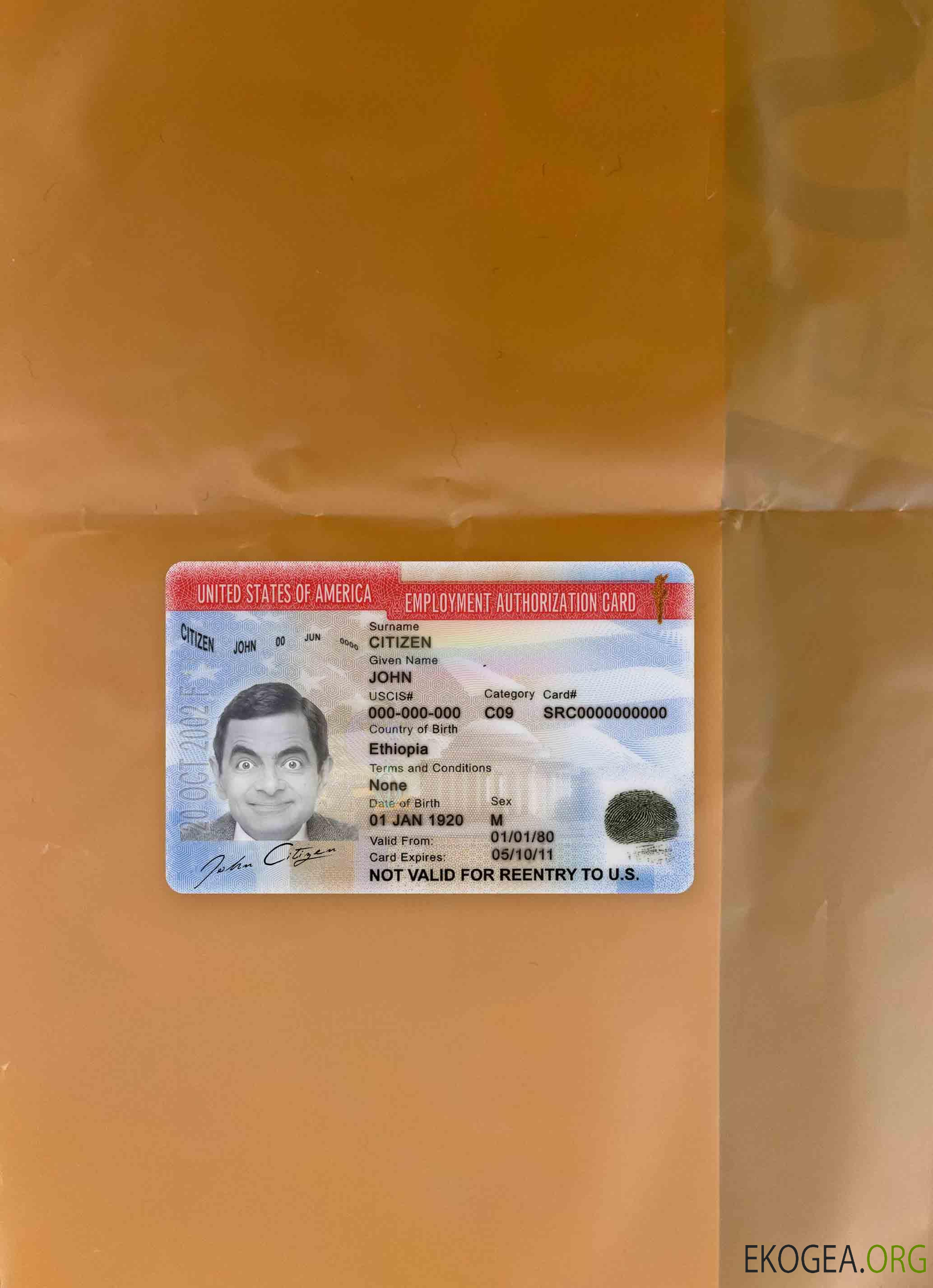 Carte d'autorisation de travail aux États Unis version 2 photolook DEVANT